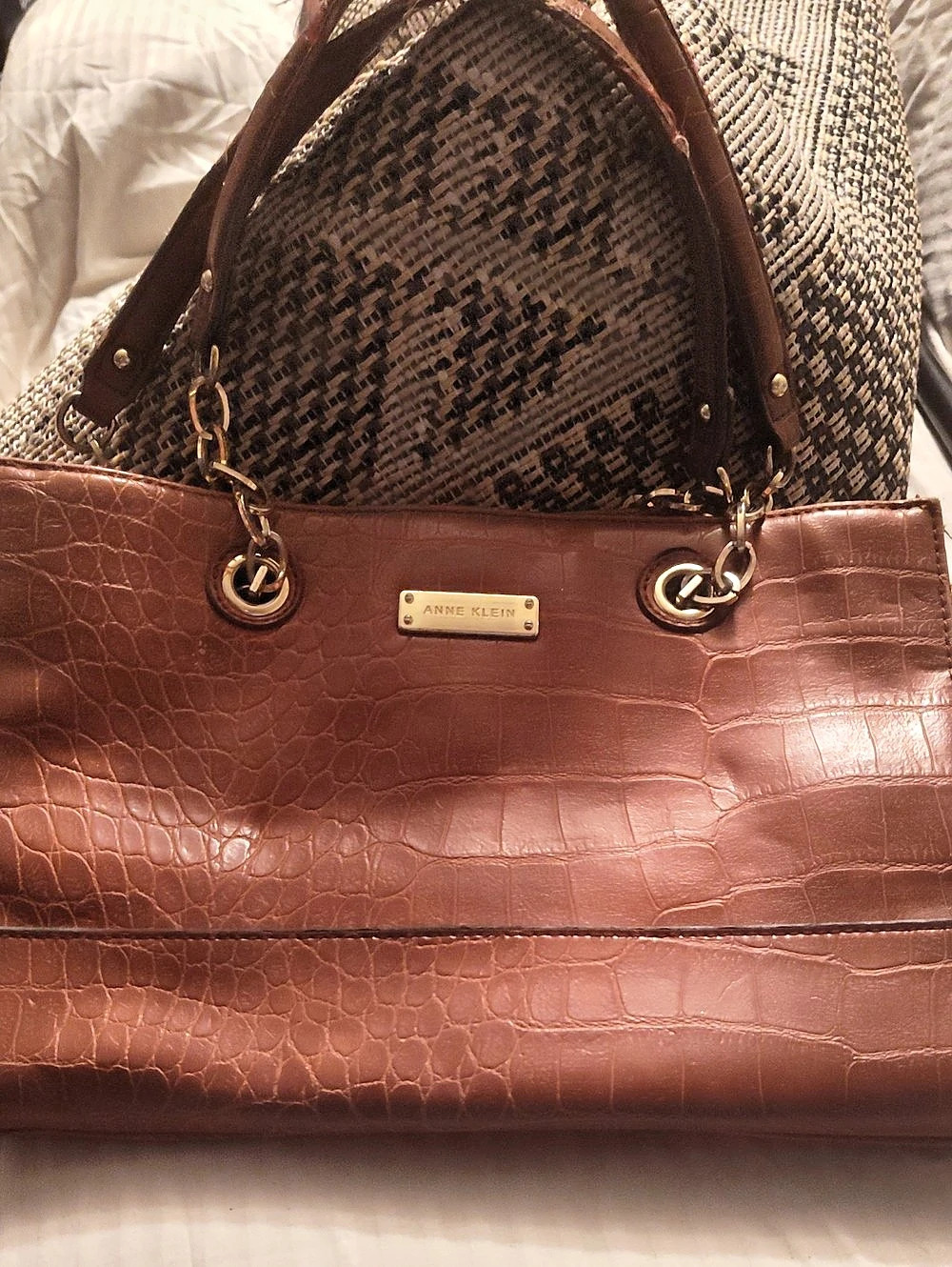 Anne Klein Crocodile-Embossed Tote in Brown & Black